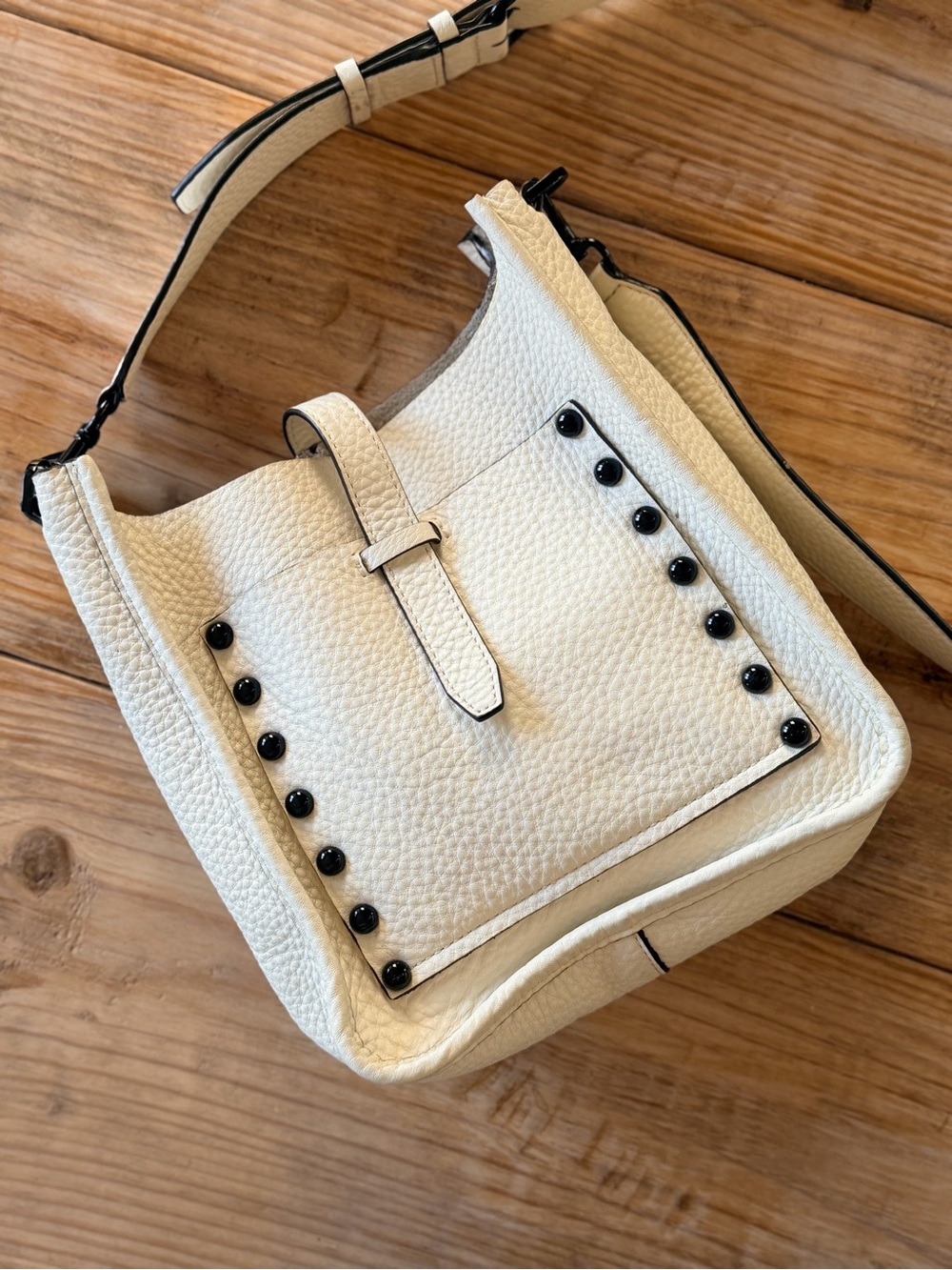 Rebecca Minkoff Cream Pebbled Leather Crossbody Bag Studded and Guitar Strap